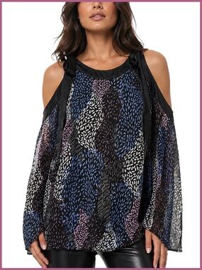 BCBGMaxAzria Black Blue Multi Print Cold Shoulder Top
